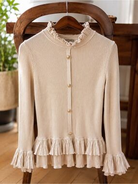 Cream Ribbed Ruffle Cardigan Coquette Balletcore Romantic Knit Sweater